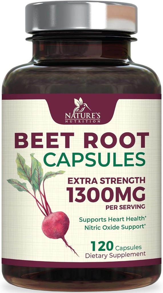 Beet Root Capsules 1300mg - Extra Strength Red Beetroot Powder Supplement – Supports Nitric Oxide Production, Heart Health & Natural Energy – Non-GMO, Vegan, Gluten Free – 120 Veggie Capsules