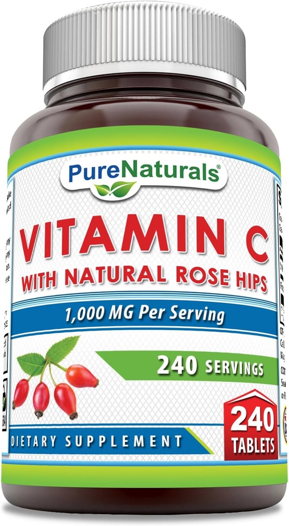 純度の天然ビタミンCとローズヒップ1000mg/サービング | 240錠サプリメント | 非GMO | グルテンフリー | アメリカ製