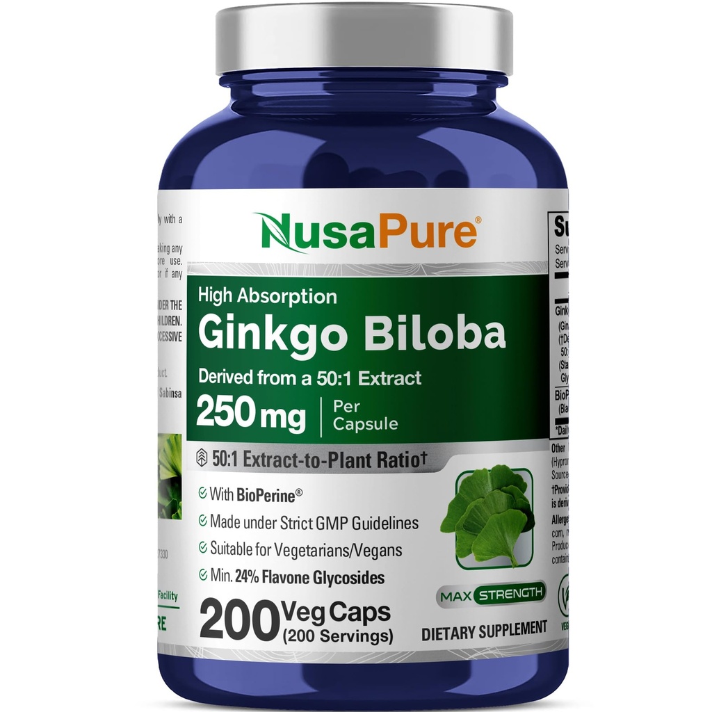 NusaPure Ginkgo Biloba 50:1 抽出物、250 mg 相当 12,500 カプセルあたり mg 200 カプセル(ベジタリアン、非GMO、ビーガン) バイオペリン
