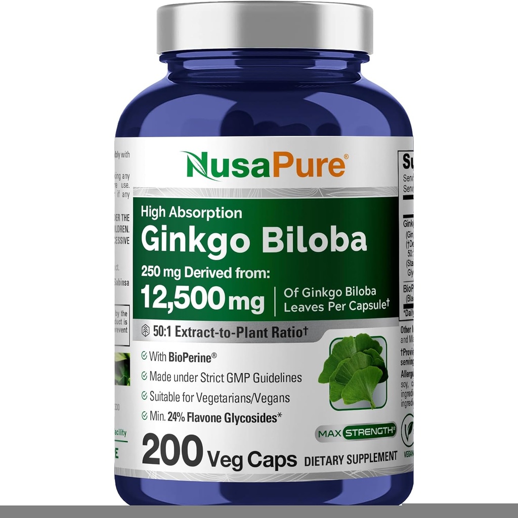 NusaPure Ginkgo Biloba 50:1 抽出物、250 mg 相当 12,500 カプセルあたり mg 200 カプセル(ベジタリアン、非GMO、ビーガン) バイオペリン