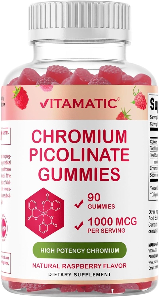 Vitamatic クロム ピコリネート 1000 mcg - 90 ガミー - 高効力クロム - ラズベリー風味