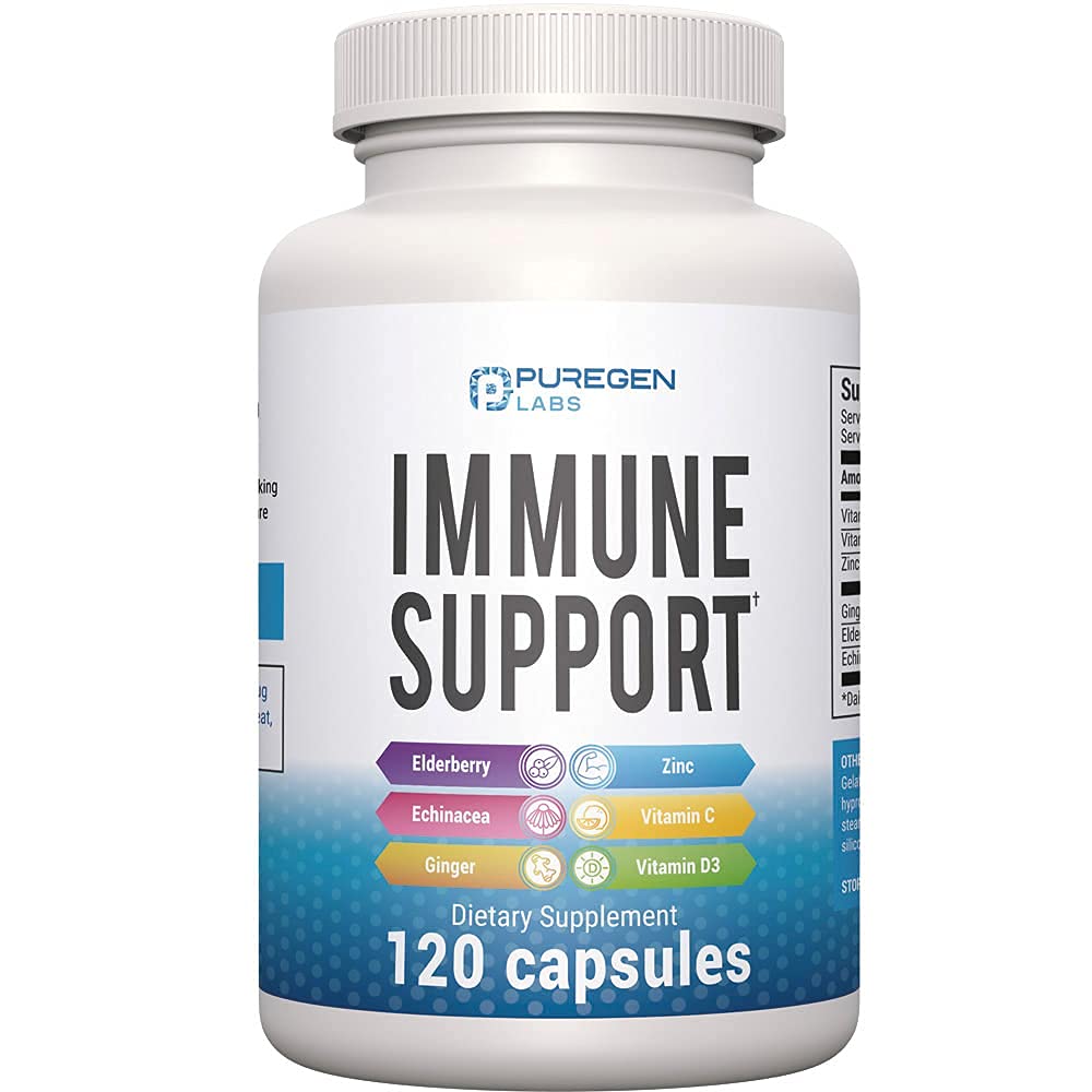 6 in 1 免疫サポート 120 カプセルエルダーベリー、エキナセア、ジンジャー、ビタミンC 650mg、ビタミンD3 5000 IU&亜鉛ピコリネート30mg-大人と子供のための免疫ブースターサプリメント