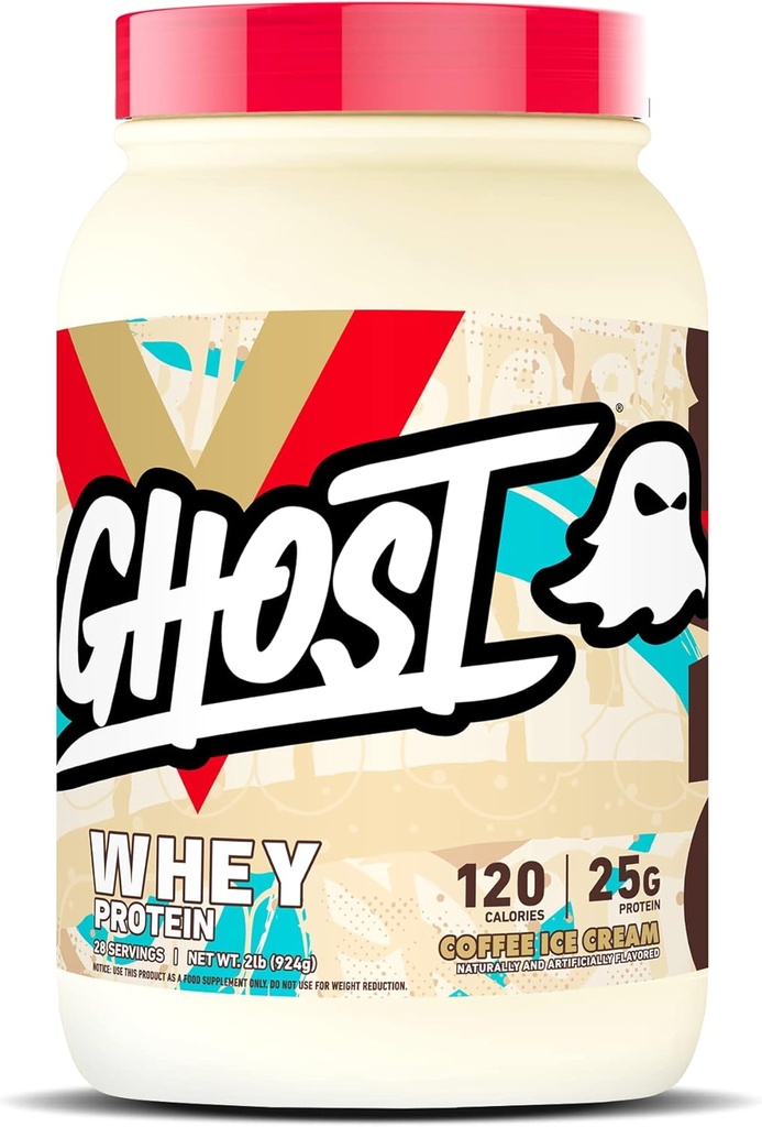 GHOST Whey Protein Powder, Coffee Ice Cream - 2LB, 25G of Protein - Whey Protein Blend - ­Post Workout Fitness & Nutrition Shakes, Smoothies, Baking & Cooking - Soy & Gluten-Free
