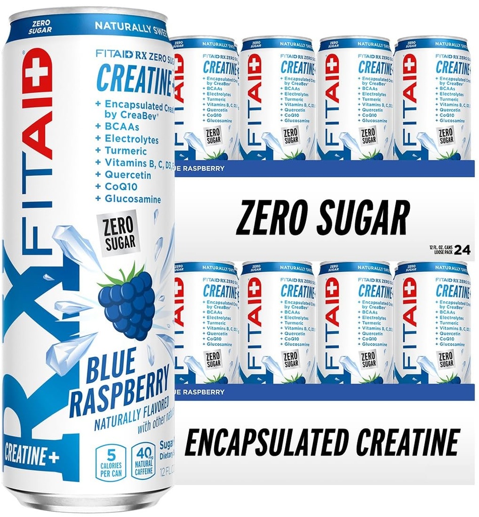 FITAID RXゼロシュガー、カプセル化されたクレアチン、ワークアウトの回復飲み物、オールインワンブレンド、BCAAs、グルコサミン、ターメリック、Bコンプレックス、電解物、ブルーラズベリー、12 Fl Oz(24のパック)