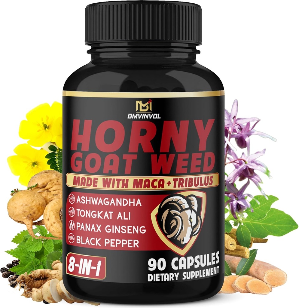 BMVINVOL Horny Goat Weed Capsules with Maca, Ginseng, Tribulus Terrestris, Ashwagandha, Black Pepper - 90 Count for 3 Month Supply