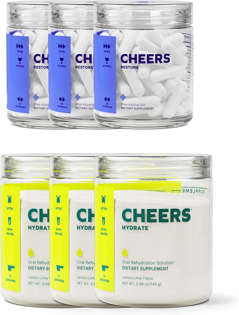 Cheers Classic Combo | Restore + Hydrate | Rehydrate & Feel Better After Drinking | DHM, L-Cysteine, B-Vitamins, Electrolytes | 12 Doses Each | Liver Support | Electrolyte Supplements
