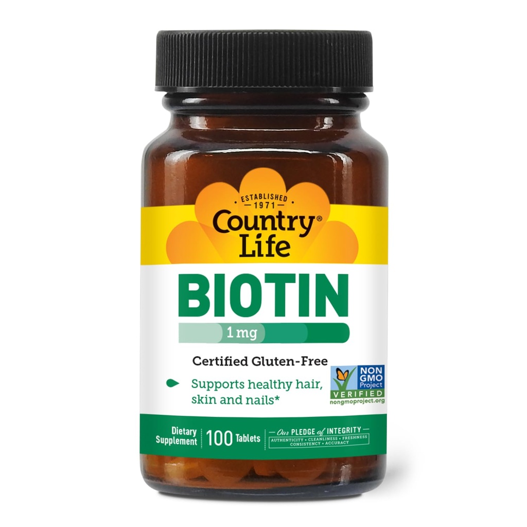 カントリーライフBiotin 1mgは健康な毛、皮及び釘、100のタブレット、証明されたグルテンフリー、証明されたビーガン、証明されたハラール、非GMOは確認しました