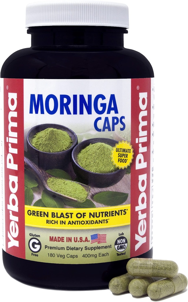 Yerba プリマ モリンガ, 180 カウント ベジキャップ - 400 mg の ピュア, 乾燥葉パウダー, 栄養素のグリーン ブラスト, 抗酸化剤で豊富, 100% 純粋な, スーパー フード, 非 GMO, 完全菜食主義者のフレンドリー, グルテンフリー, 米国製