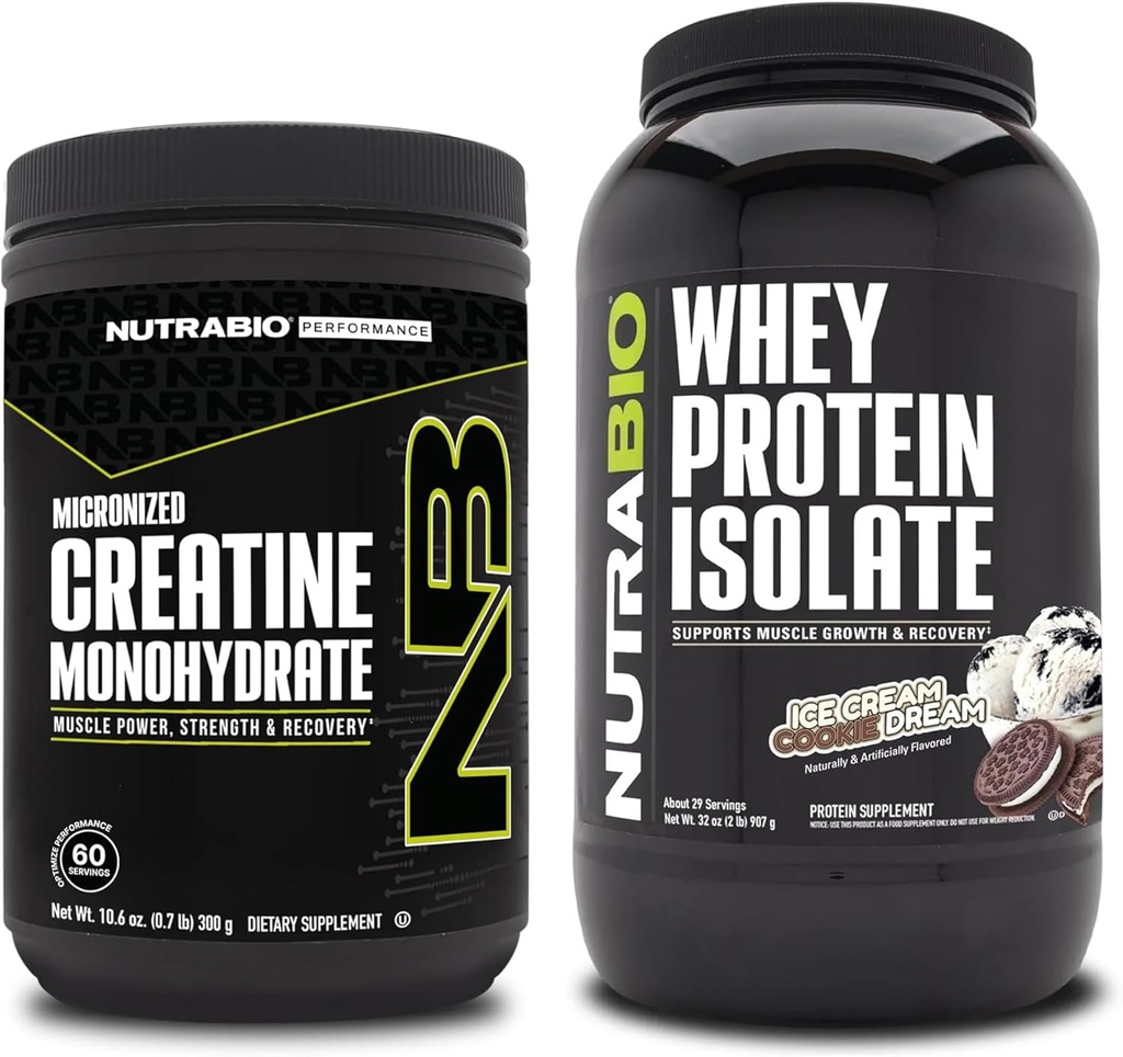 NutraBioクレアチンモノハイドレート、アンフレーバー、300gとウィープロテインアイソレート、アイスクリームクッキードリーム、サプリメントバンドル - 筋肉エネルギー、リーン筋肉の成長、回復、および強さ