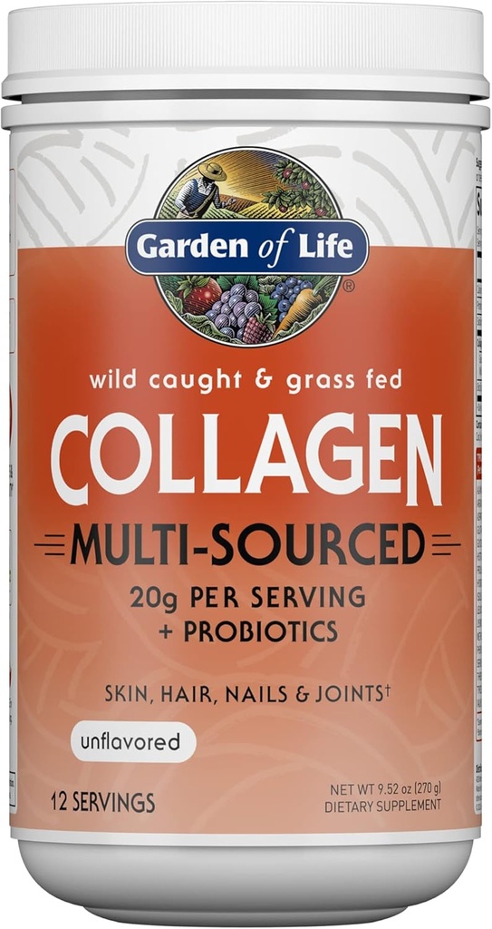 Garden of Life Marine & Grass-Fed Collagen Peptides Powder Supplement (Type I, III) with Probiotics & BCAAs for Mobility, Joint Health, Hair, Skin & Nails - Unflavored, 20g per Serving, 12 Servings