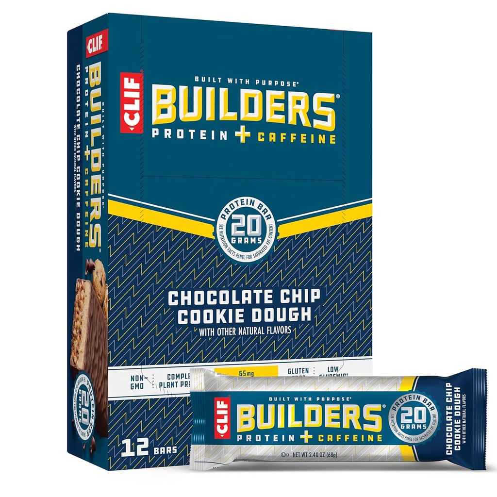 CLIF BUILDERS +カフェインプロテインバー - チョコレートチップクッキーダフ風味 - 20g植物ベースのタンパク質 - 無GMO - 低糖 - 人工甘味料なし - 2.4 oz。 (12パック)