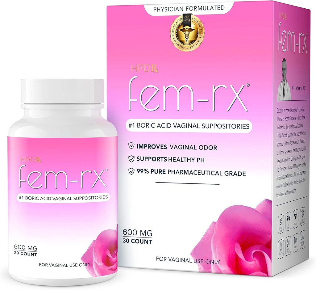 HPD Rx Fem-Rx Boric Acid Vaginal Suppositories for Women – Help Balance Vaginal pH, Eliminate Vaginal Odor – Dr Formulated Feminine Health Support – 30 Capsules Pack of 1