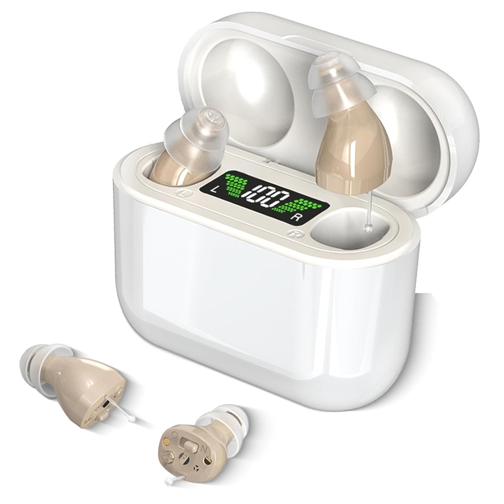 Hearing Aids with Long-Lasting Charging Case, Invisible Hearing Aids for Seniors with Smart Noise Cancellation, Completely-In-Canal Hearing Aid Devices, Easy Control (Beige)