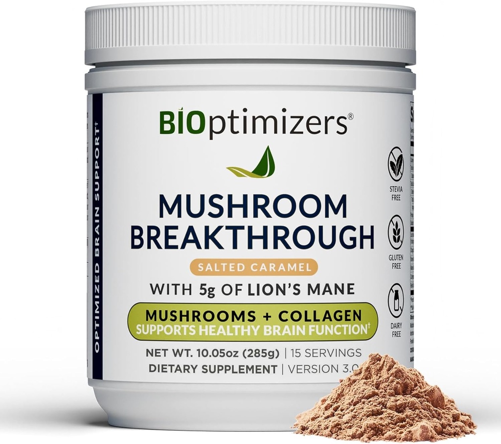 BIOptimizersキノココーヒー代替 - 塩漬けキャラメルドリンク - ライオンのマネ、チャガ、Reishi + フォーカス、エネルギーと腸の健康のためのコラーゲンペプチド - 適応性キノコ&MCTパウダー - 15 サービング