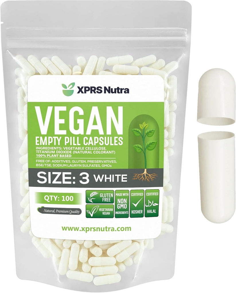 XPRS Nutra Size 3 Empty Capsules - 100 Count Empty Vegan - Vegetarian Pills - DIY Vegetable Capsules Filling - Veggie Pill Caps (White)