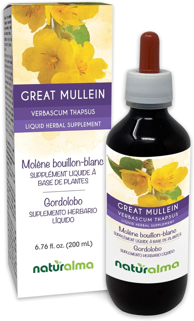ナチュラルマ偉大なムレインまたは一般的なムレイン (Verbascum thapsus) 花と葉のアルコールフリーチン - 6.76 fl oz 液体抽出物をドロップ - ハーブサプリメント - ビーガン