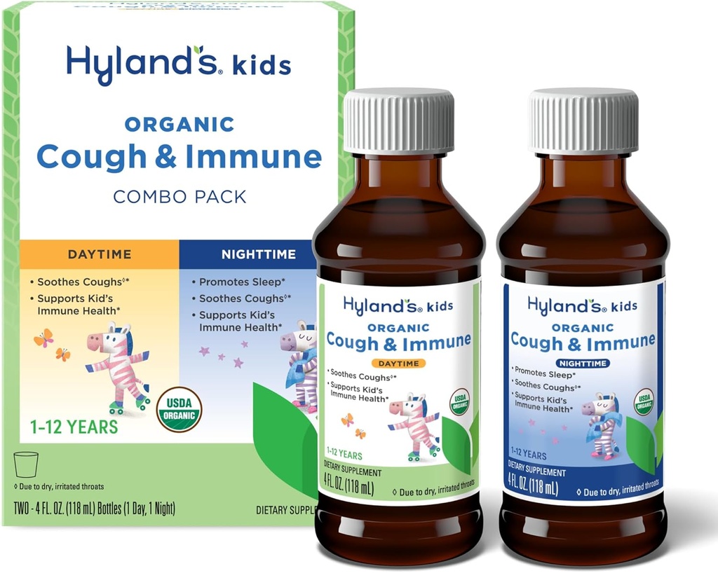 Hyland's Kids Organic Cough and Immune Day and Night Combo Pack, Eases Coughs, Supports Immunity, Promotes Sleep, Two 4 Fl Oz. Bottles (8 fl oz)