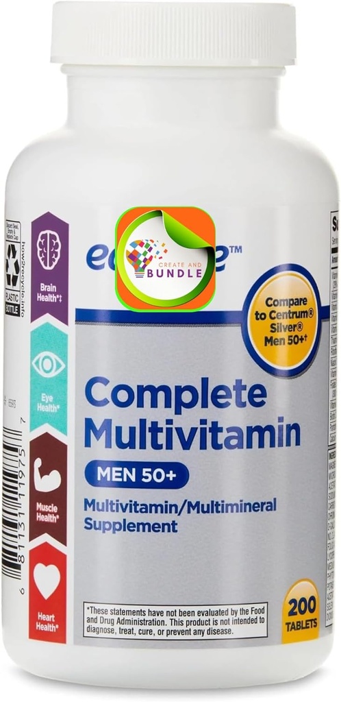 Complete Multivitamin/Multimineral Supplement Tablets, Men 50+, 200 Count + Createandbundle Sticker