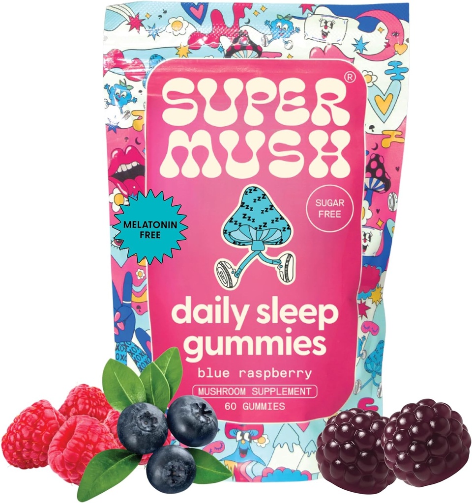 SuperMush Sleep Gummies for Adults - Mushroom Supplement with Magnesium Citrate, L-Theanine, Chaga, Reishi & Chamomile for Deep Sleep, REM & Detox - Vegan & Sugar-Free - 60 Gummies (30 Servings)
