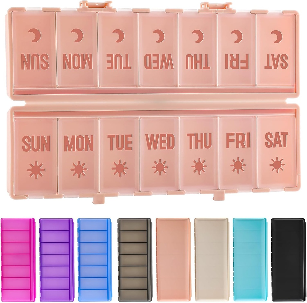 折り畳み式ピルオーガナイザー 2 日 w/エッチングラベル - Dual Protection & Portable Weekly AM PM Pill Box, 7 Day Medicine Container, Large Travel Pill Case for Week Daily Supplement Vitamin - ピンク