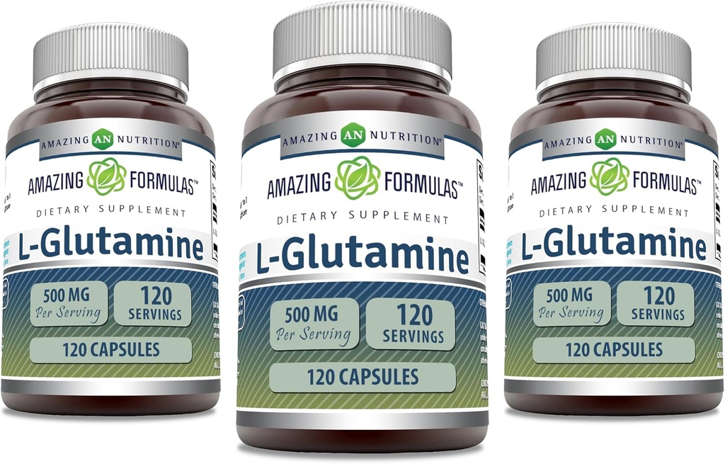Amazing Formulas L-Glutamine 500 mg Capsules | Amino Acid Supplement | Non-GMO | Gluten Free | Made in USA (3 Pack, 120 Count)