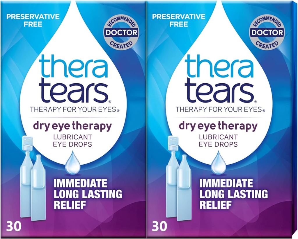 TheraTears Dry Eye Therapy Lubricating Eye Drops for Dry Eyes, Preservative Free eye drops, 30 Single-Use Vials (2 Pack)
