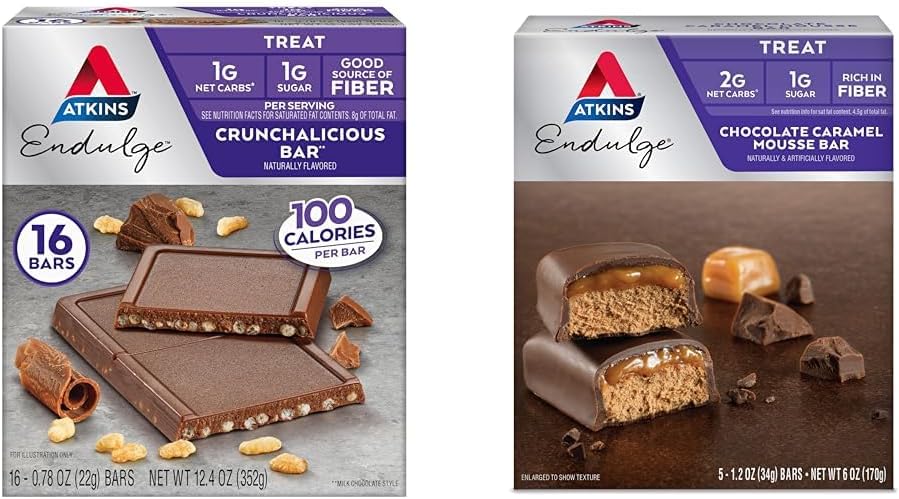 AtkinsのEndulgeのCrunchaliciousチョコレート バー、16の計算及びチョコレートCaramelのムース バー、5の計算