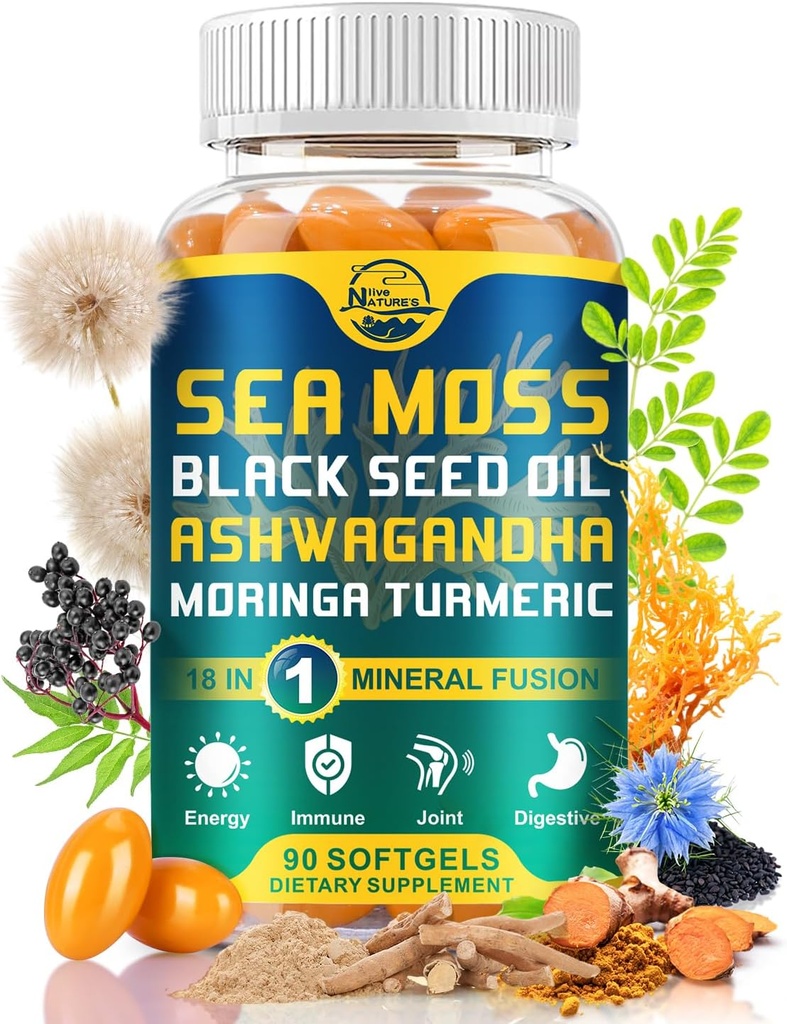 Nature's live Organic Sea Moss Softgels, with Black Seed Oil, Ashwagandha, Bladderwrack, Ginger, Burdock Root, Manuka Honey, Cinnamon for Immune System, Skin, Energy, 90 Softgels, 1 Pack