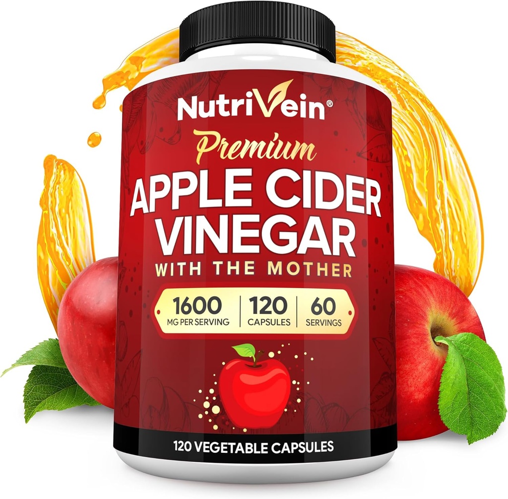 Nutrivein Premium Apple Cider Vinegar Supplements with Mother - 1600 mg - 120 Apple Cider Vinegar Capsules: ACV Pills for Digestion, Keto, Cleansing, and Balanced Nutrition