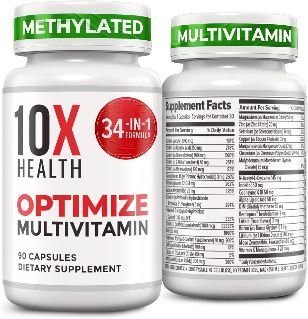 10X の健康は人のための Multivitamin を- 90 のカプセル、ビタミン B12 の 800 mcg の 1 つの方式のメチル化された Multivitamin 34、5-MTHF、NAC - メチル B のコンプレックス、MTHFR の補足最大限に活用します