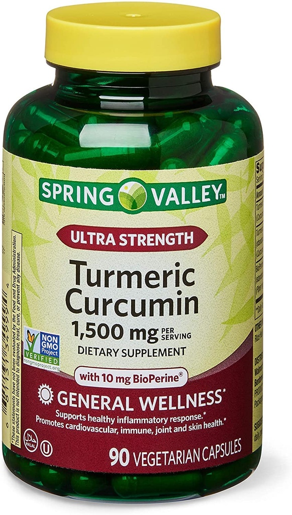 春の健康2セット-スプリングバレー超強度ターメリッククルクミン1,500mg 90カプセル+ビタミンガイド、1.0カウント