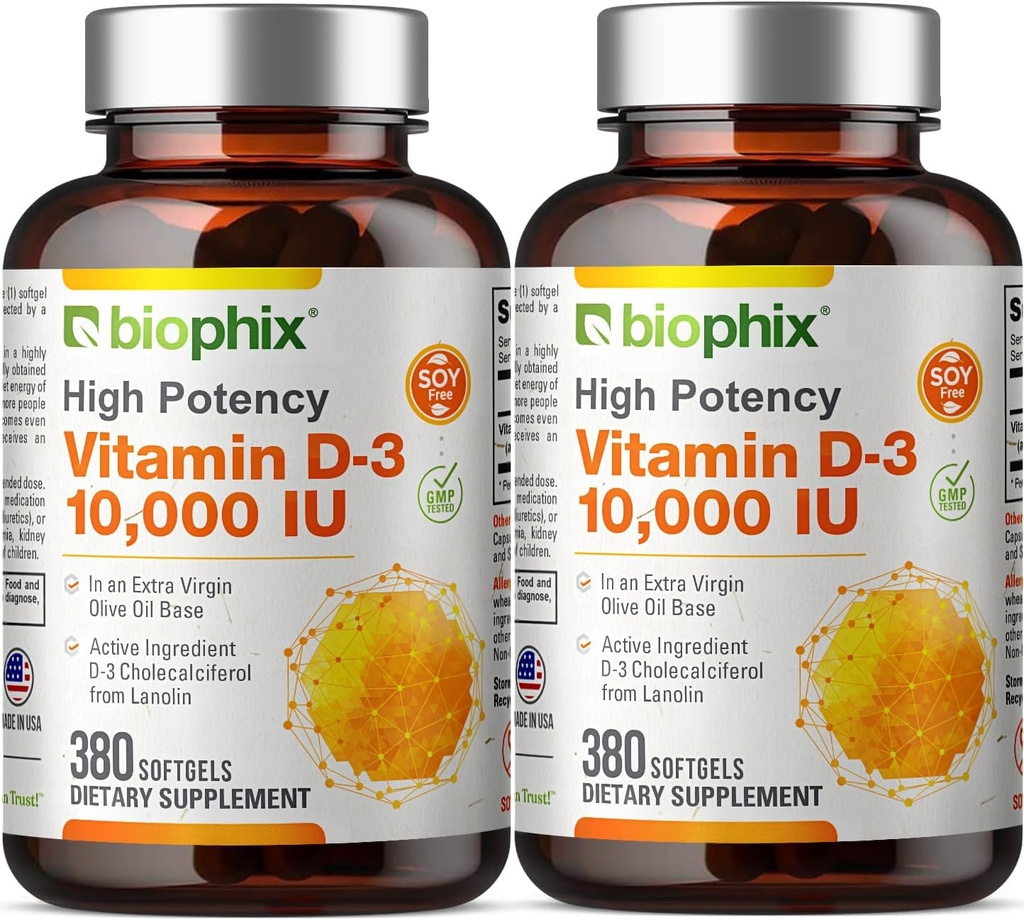 BiophixのビタミンD-3 10000 IU 380のSoftgelsのビタミン2のパック - 余分バージンのオリーブオイルの非GMOの大豆なしサポート強い骨の免疫の健康の高頻度