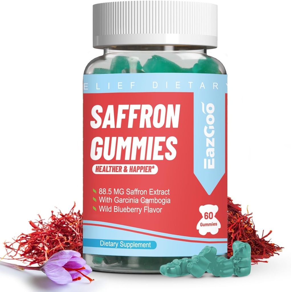 Saffronは、ポジティブ・ムード&カルム・ネルブ、Garcinia Cambogia、ビタミンA、B12、Rhodiola Rosea - 60グミとグミを補います