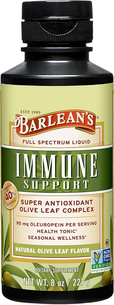 Barlean's Olive Leaf Complex Liquid Immune Support Supplement, 95mg Oleuropein Antioxidants, 8 oz