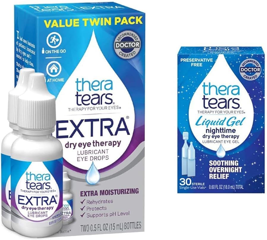 TheraTears Extra Dry Eye Therapy Lubricating Eye Drops for Dry Eye, 0.5 fl oz Bottle, 2 Count(Pack of 1) & Liquid Gel Nighttime Lubricating Eye Drops for Dry Eyes, シングルユースバイアル, 30 カウント