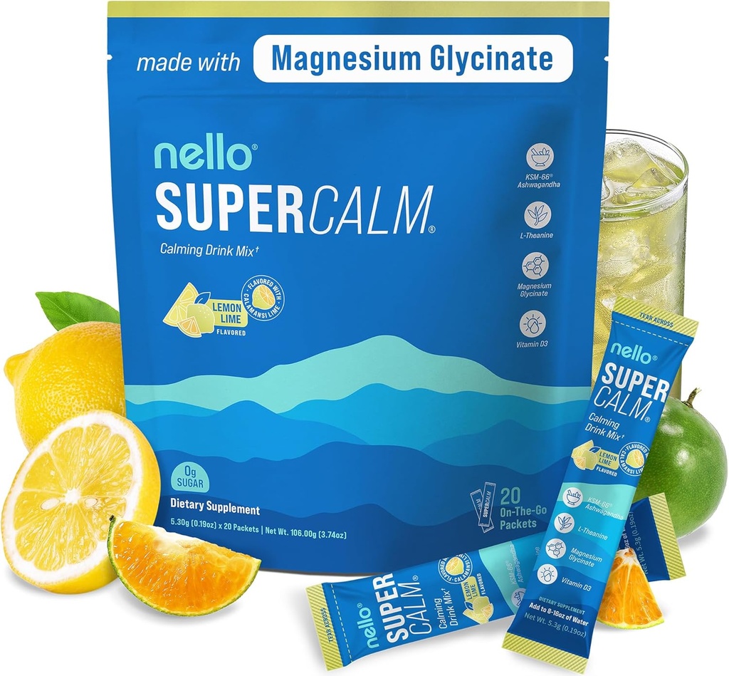 Nello Supercalm Drink Mix - Ashwagandha KSM 66, マグネシウム グリシナート & L-テアニン サプリメント, ビタミン D3 - アシュワガンダ ルート エキス - フォーカスとリラクゼーション サポート (20 旅行パケット) - レモン ライム