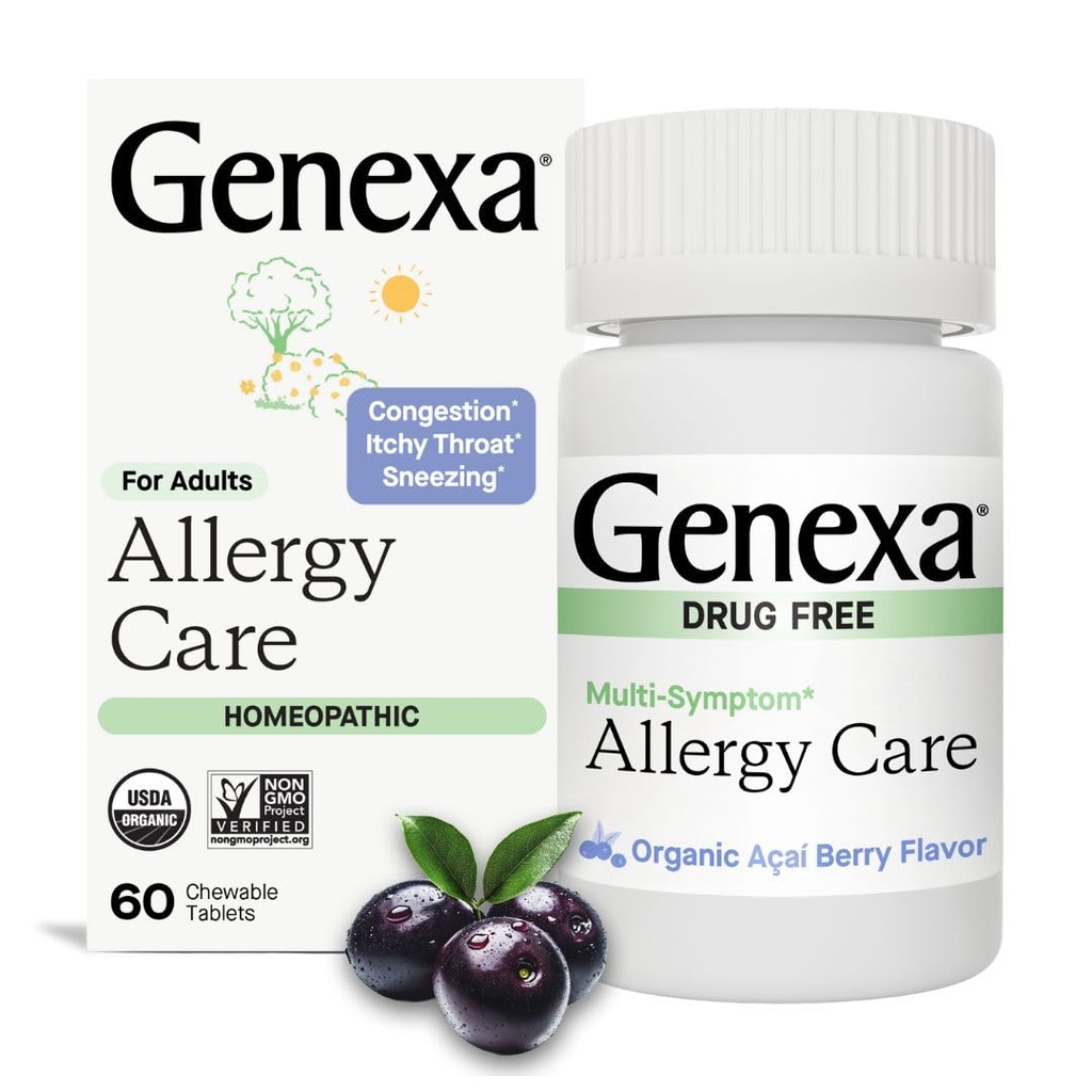 Genexa Allergy Care | 薬の無料・非眠アレルギー・成人向け治療 | 完全菜食主義者・非GMO | 体外アレルギー対応の安心・清潔感 | オーガニックアサイベリーフレーバー | 60 Chewable錠