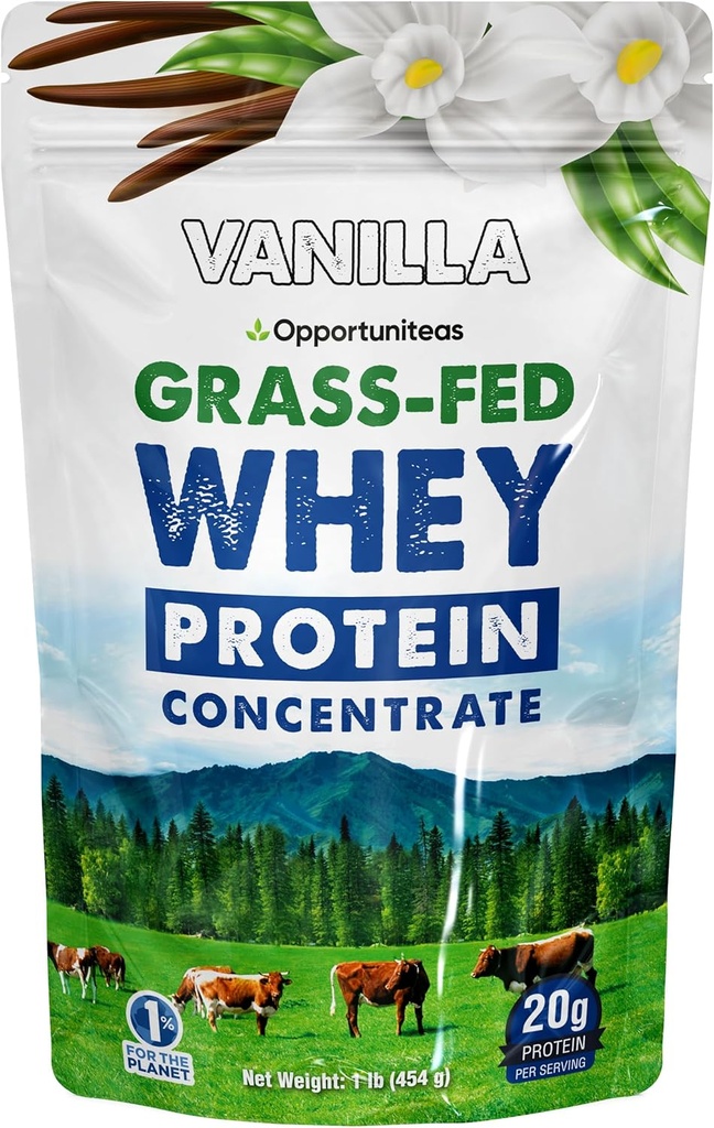 Opportuniteas Grass Fed Whey Protein Powder Concentrate - Vanilla - Pure Protein Supplement - Non GMO, Hormone Free & Gluten Free - 1lb
