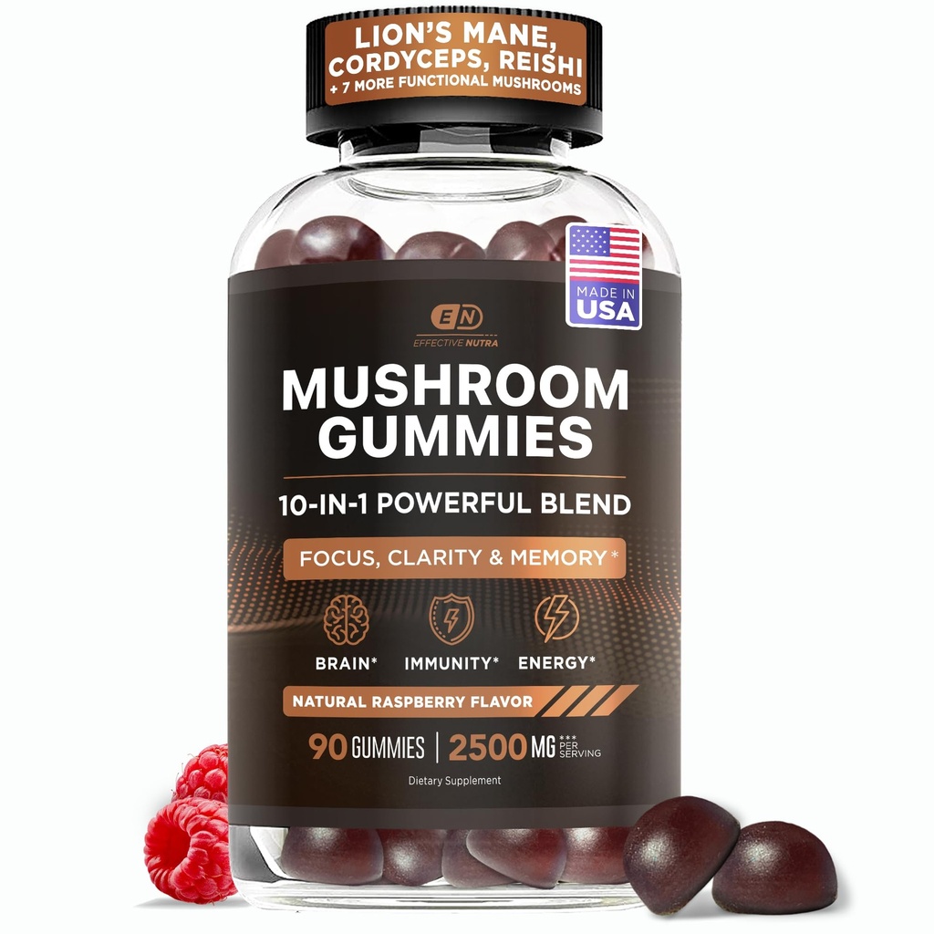 効果的なNutraキノコグミー2500mg - 10in1ライオンのマネ、10in1ライオンのマネ、レイシ、チャガ、コルディプス&その他 - 焦点、明快さ、記憶、免疫、エネルギー - 自然ラズベリー味、ビーガン、米国製(90カウント)