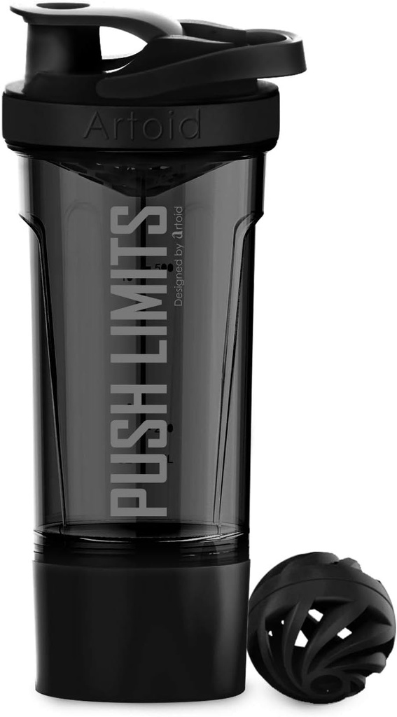 Artoid Mode Fitness Workout Sports Protein Shaker Bottle 24-Ounce, Dual Mixing Technology with Shaker Balls & Mixing Grids Included, Twist and Lock Protein Box Storage Included
