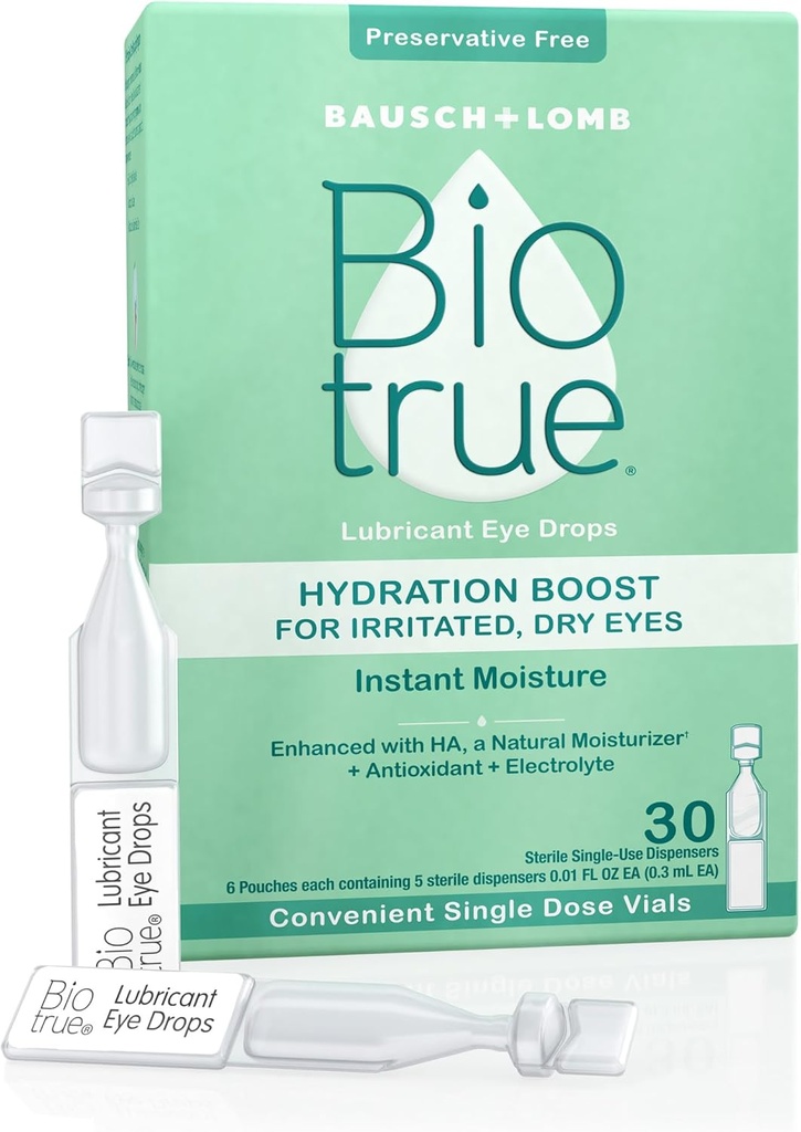 Biotrue Hydration Boost、乾いた目のための防腐剤なしの目の低下、瞬時に水分補給剤、コンタクトレンズフレンドリー、リフレッシュ&リーブアイの刺激、30シングルユースバイアル(パッケージ1)