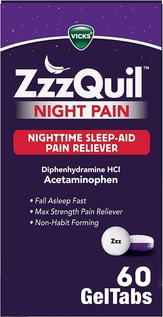 ZzzQuil夜苦痛GelTabs、夜間痛みの救助、睡眠の援助のタブレット、Diphenhydramine HClおよびアセトアミノフェン、No.1睡眠の援助のブランド、最高の強さの痛みのReliever、60のゲルTabs