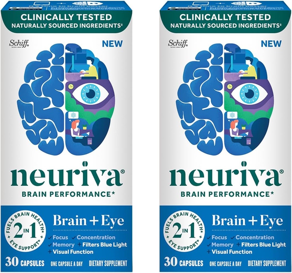 NEURIVA Brain + Eye Supplement for Memory, Focus & Concentration with Clinically Tested Lutein and Zeaxanthin, Vitamins A C & E + Zinc for Eye Health & Filter Blue Light 30 Count Capsules (2 Pack)