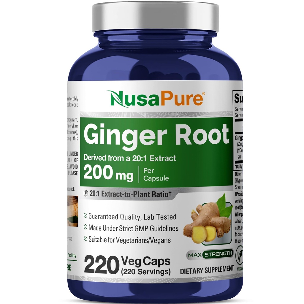 NusaPure Ginger Root Capsules 20:1 エキス、200 mg 野菜キャップあたり4,000mg相当 | 220 カウント | 非GMO