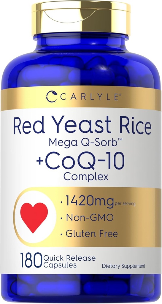 Carlyle Red Yeast Rice with CoQ10 Complex | 1420 mg | 180 Capsules | Mega Q-Sorb | Non-GMO, Gluten Free Supplement