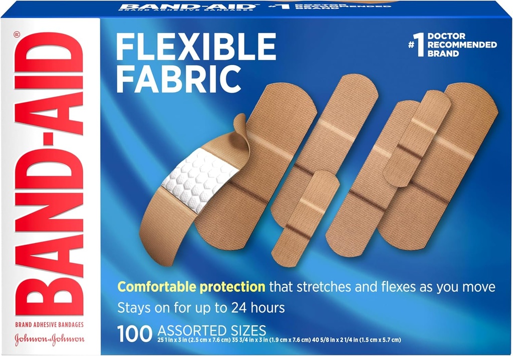 Band-Aid Brand Flexible Fabric Adhesive Bandages for Wound Care & First Aid, Assorted Sizes, 100 ct