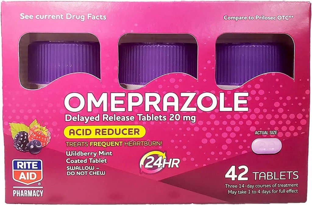 Rite Aidの酸の減力剤のOmeprazoleは解放のタブレット- 20のmg、3のびん、14の計算それぞれ(42の計算の合計)、ワイルドベリーのミントの味、Heartburnの救助、Heartburnの薬、御馳走頻繁な心燃剤を遅らせます