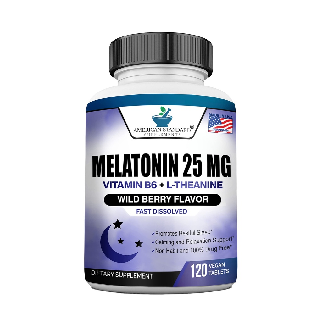 1つのタブレット、L-テアニンとビタミンB-6の120のChewableタブレットごとのMelatonin 25mgは、健康な睡眠周期を支えます、 Calming及び残りの睡眠、ビーガン、米国でなされるNON GMOを促進します