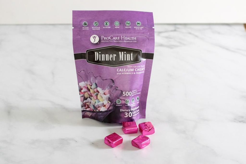 ProCare Health | TruCal Calcium Soft Chew | ディナーミント | 500mg カルシウム | 500 IU ビタミン D3 | 500万 CFU のプロバイオティクス | 30 カウント