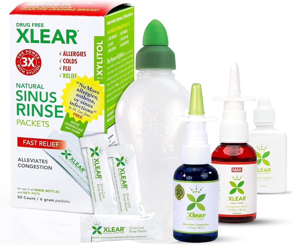 Xlearのアレルギーの救助のキット、Xylitol、Xlear MAXの鼻のスプレー、Xlearの鼻のリンスのNetiの鍋および50の詰め物が付いているXlearの鼻のスプレーを含むすべての日のアレルギーの救助のキット